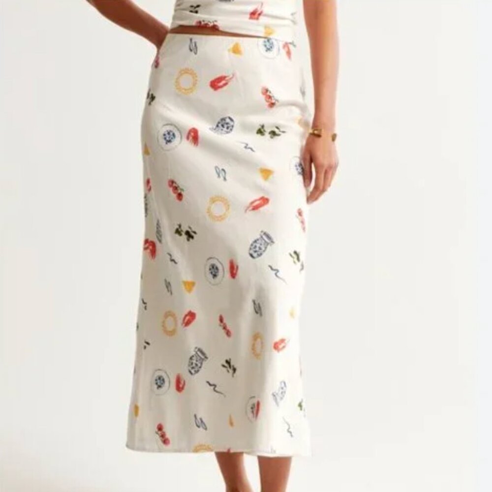 Abercrombie & Fitch Patterned Skirt Linen Blend Size Small | White Multi-colour